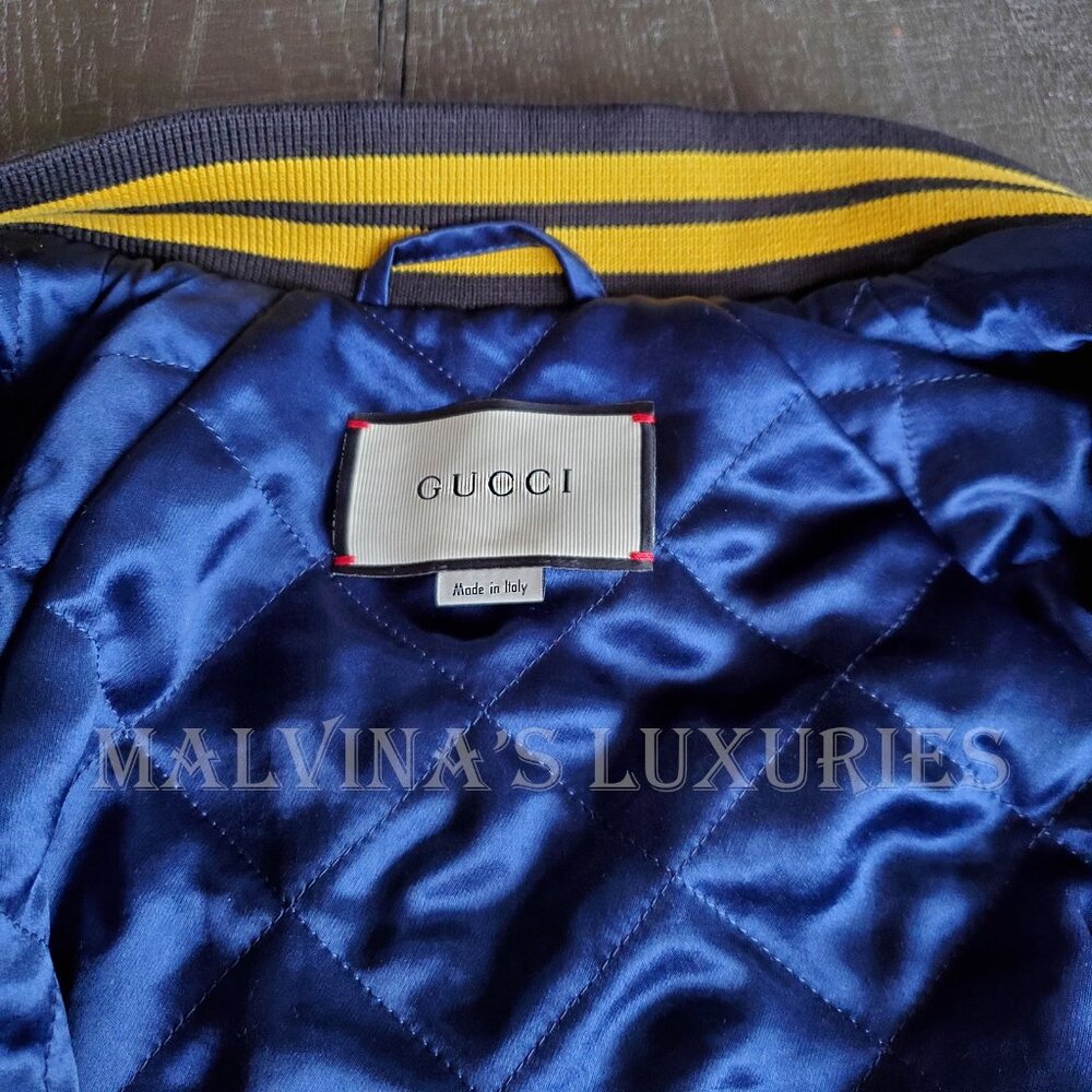 GUCCI JACKET BOMBER BOSCO ORSO PATCHES PURPLE SATIN w LOGO DETAIL - Picture 8 of 11
